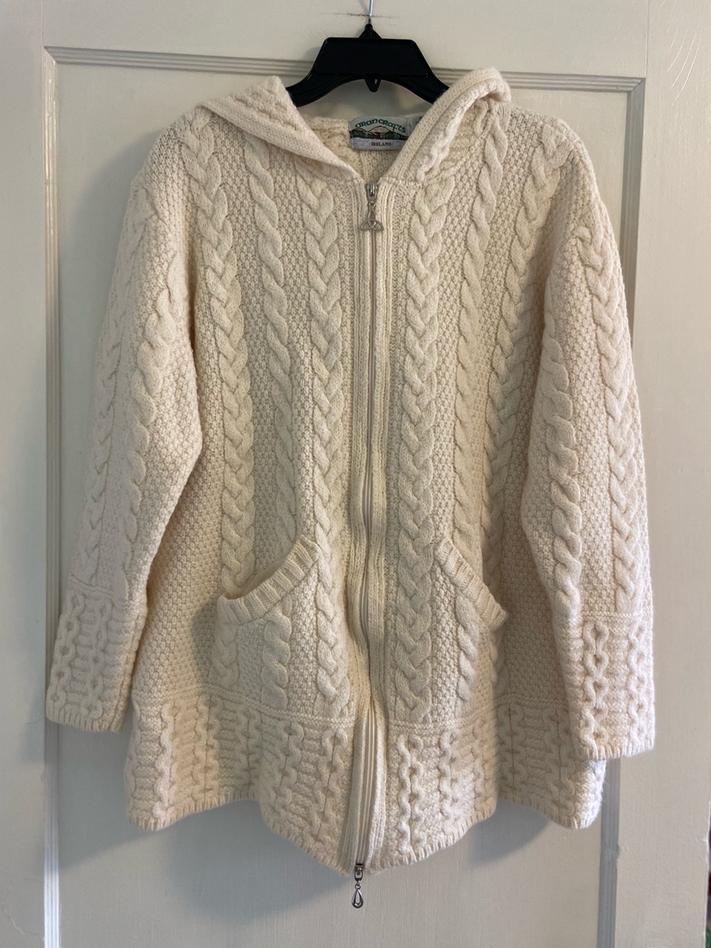 Aran Crafts Ivory Hooded Cable Zip Cardigan